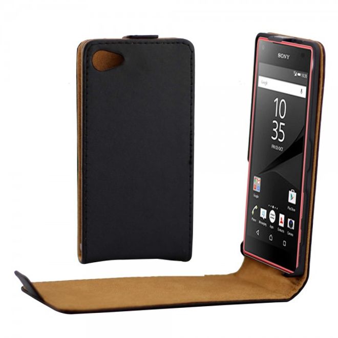 Sony Xperia Z5 Compact Klassische, magnetische Leder Flip Case Hülle vertikal - schwarz