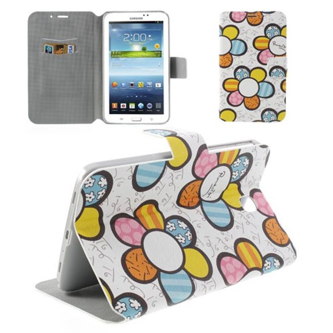 Samsung Galaxy Tab 3 7.0 Leder Case mit farbigen Blumen - weiss