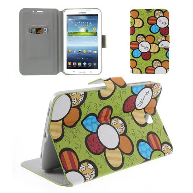 Samsung Galaxy Tab 3 7.0 Leder Case mit farbigen Blumen - grün
