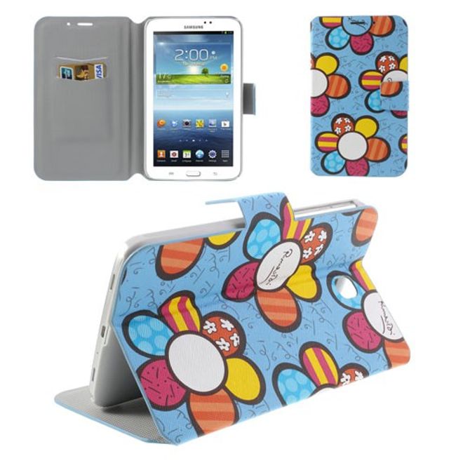 Samsung Galaxy Tab 3 7.0 Leder Case mit farbigen Blumen - blau