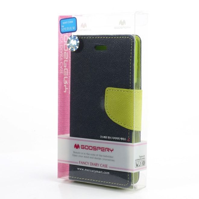 Goospery - Sony Xperia M Hülle - Handy Bookcover - Fancy Diary Series - navy/lime