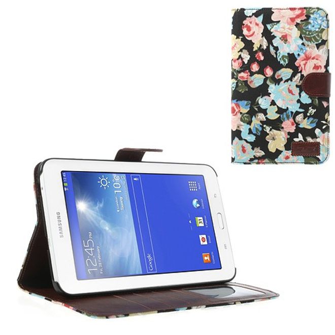 Samsung Galaxy Tab 3 7.0 Lite Leder Case mit Blumenmuster - schwarz