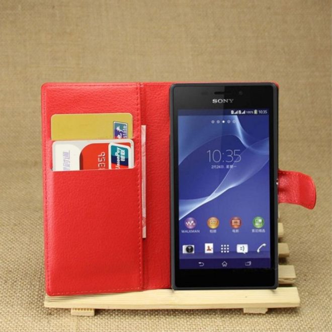Sony Xperia M2 Aqua Modisches Leder Case mit Kreditkartenschlitz - rot