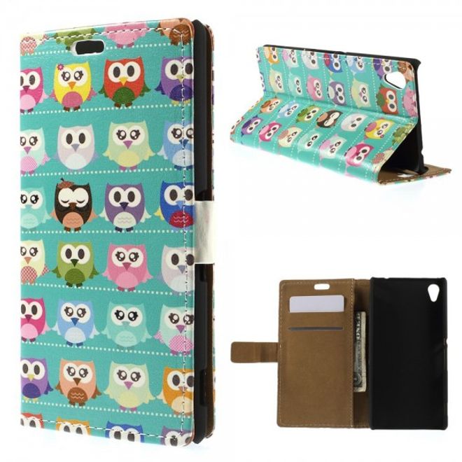 Sony Xperia M4 Aqua Leder Case mit vielen kleinen Eulen - cyan