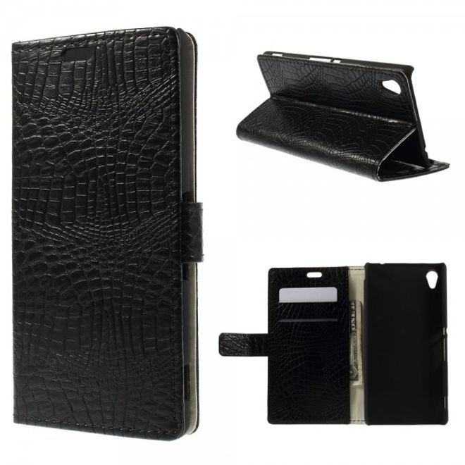 Sony Xperia M4 Aqua Leder Case mit Krokodilmuster - schwarz