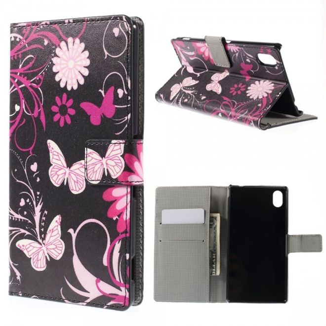 Sony Xperia M4 Aqua Leder Case mit Schmetterlingen und Blumen - schwarz