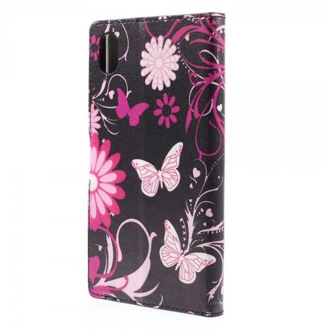 Sony Xperia M4 Aqua Leder Case mit Schmetterlingen und Blumen - schwarz