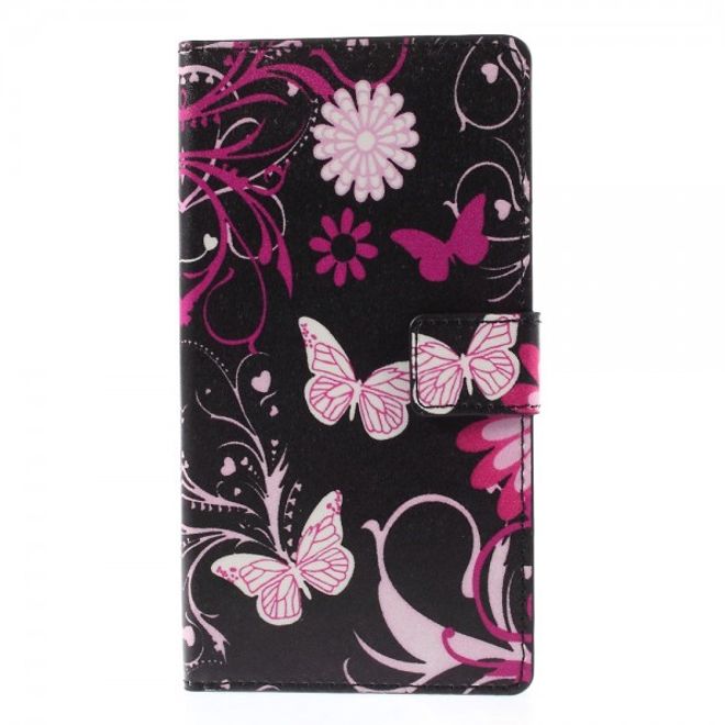 Sony Xperia M4 Aqua Leder Case mit Schmetterlingen und Blumen - schwarz