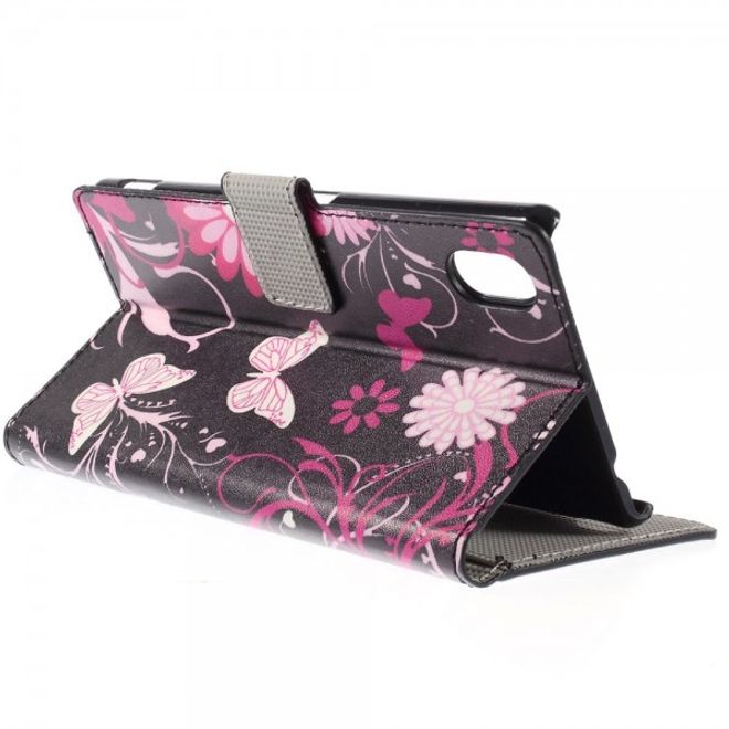 Sony Xperia M4 Aqua Leder Case mit Schmetterlingen und Blumen - schwarz