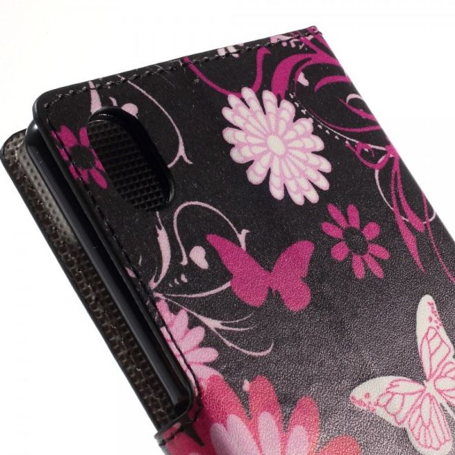 Sony Xperia M4 Aqua Leder Case mit Schmetterlingen und Blumen - schwarz