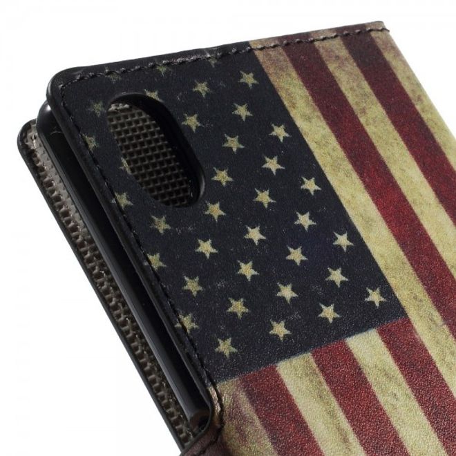 Sony Xperia M4 Aqua Leder Case mit USA Flagge retro-style