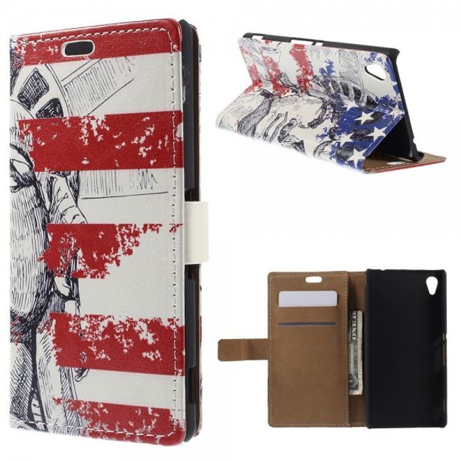 Sony Xperia M4 Aqua Leder Case mit Freiheitsstatue und USA Flagge