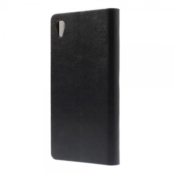 Sony Xperia M4 Aqua Crazy Horse Leder Case mit Standfunktion und Kreditkartenslots - schwarz