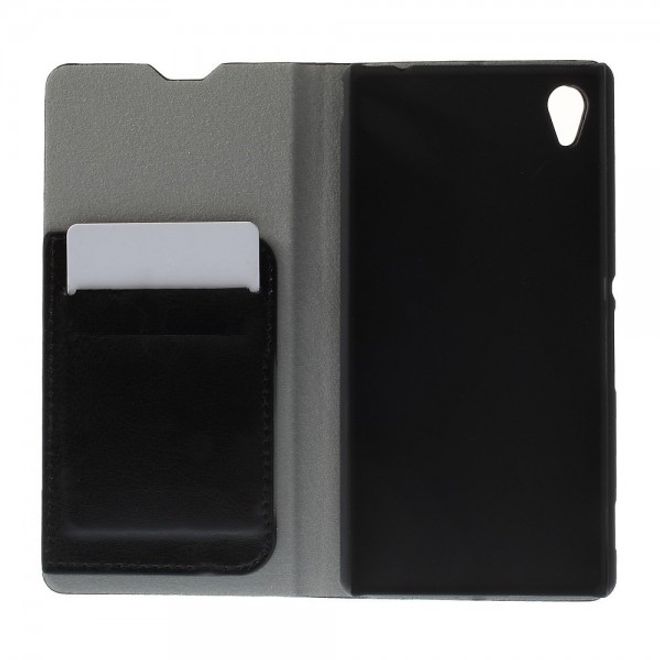 Sony Xperia M4 Aqua Crazy Horse Leder Case mit Standfunktion und Kreditkartenslots - schwarz