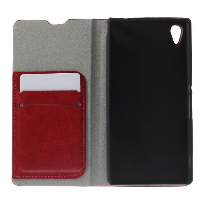 Sony Xperia M4 Aqua Crazy Horse Leder Case mit Standfunktion und Kreditkartenslots - rot