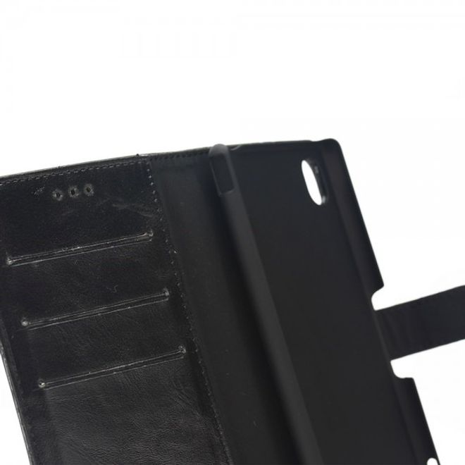 Sony Xperia M4 Aqua Stylisches Crazy Horse Leder Case mit Standfunktion - schwarz