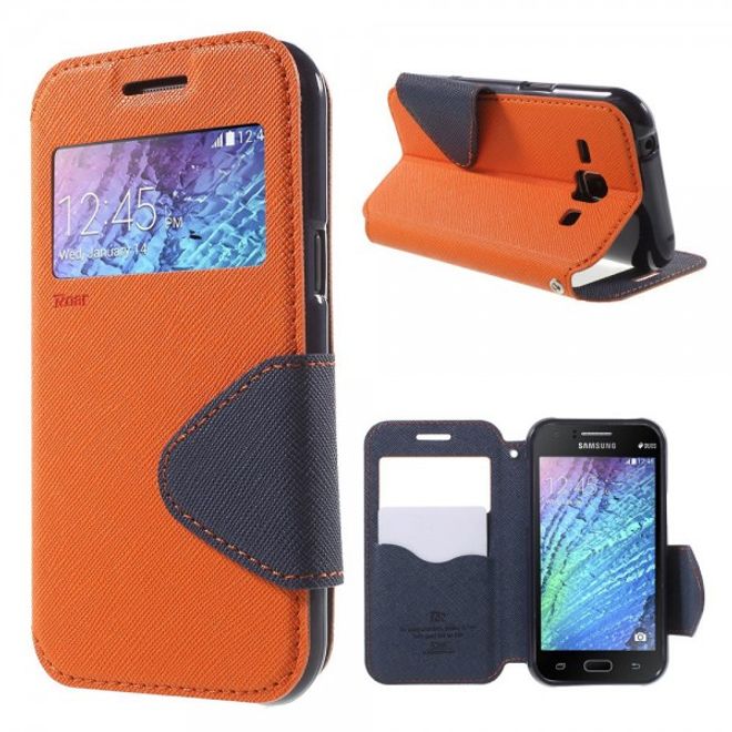 Samsung Galaxy J1 Roar Korea Leder Case mit kleinem Fenster - orange