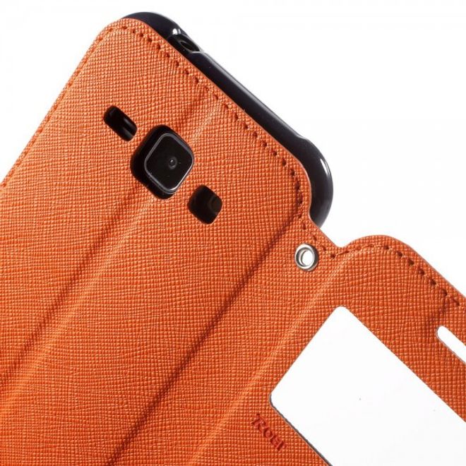 Samsung Galaxy J1 Roar Korea Leder Case mit kleinem Fenster - orange