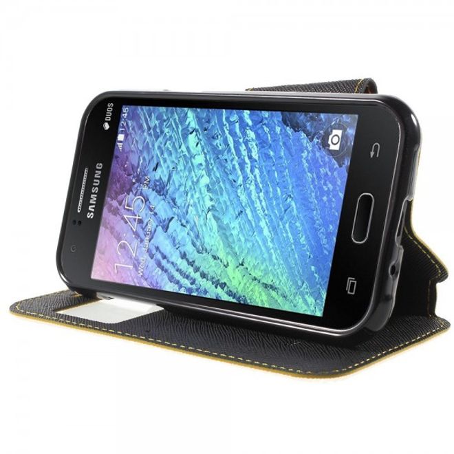 Samsung Galaxy J1 Roar Korea Leder Case mit kleinem Fenster - gelb
