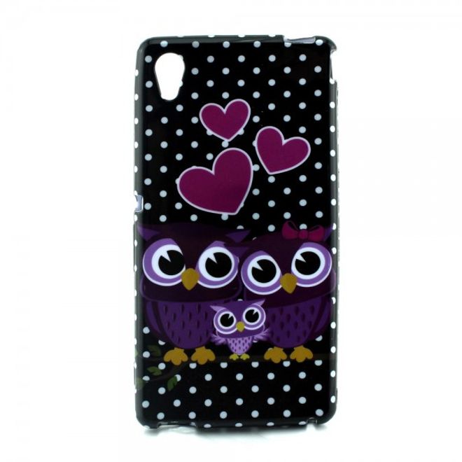 Sony Xperia M4 Aqua Elastisches, leicht glänzendes Plastik Case mit süsser Eulenfamilie
