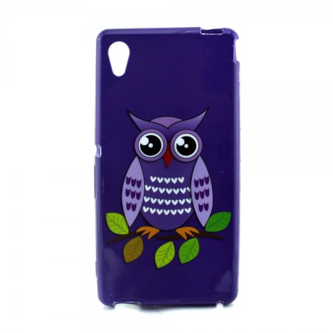Sony Xperia M4 Aqua Elastisches, leicht glänzendes Plastik Case mit purpurner Eule