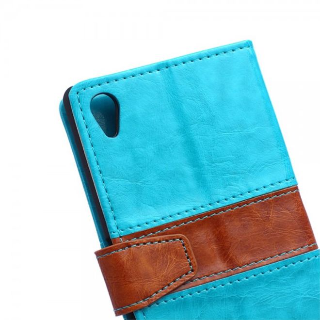 Sony Xperia M4 Aqua Zweifarbiges Leder Case mit Kreditkartenslots - blau
