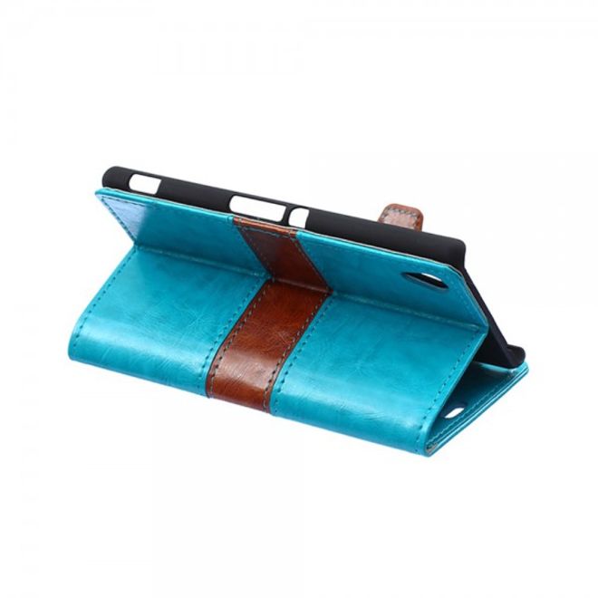 Sony Xperia M4 Aqua Zweifarbiges Leder Case mit Kreditkartenslots - blau