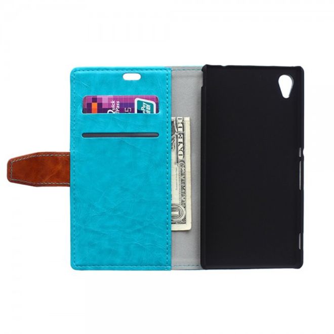 Sony Xperia M4 Aqua Zweifarbiges Leder Case mit Kreditkartenslots - blau