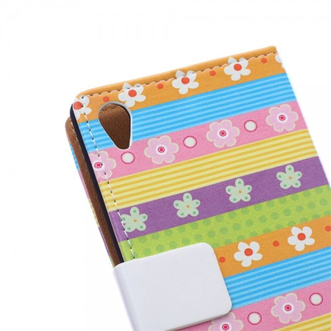 Sony Xperia M4 Aqua Magnetisches Leder Case mit farbigen Streifen und Blumen