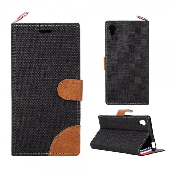 Sony Xperia M4 Aqua Leder Case im Jeans Look mit Kreditkartenslots - schwarz