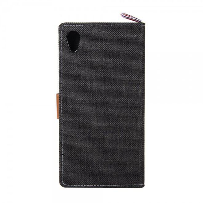 Sony Xperia M4 Aqua Leder Case im Jeans Look mit Kreditkartenslots - schwarz
