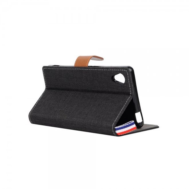 Sony Xperia M4 Aqua Leder Case im Jeans Look mit Kreditkartenslots - schwarz