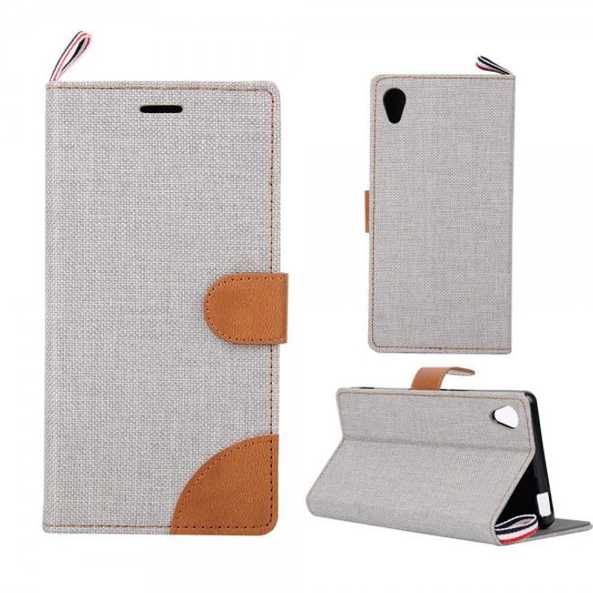 Sony Xperia M4 Aqua Leder Case im Jeans Look mit Kreditkartenslots - grau