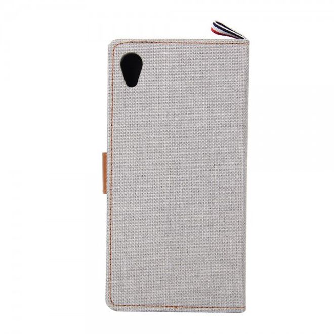 Sony Xperia M4 Aqua Leder Case im Jeans Look mit Kreditkartenslots - grau