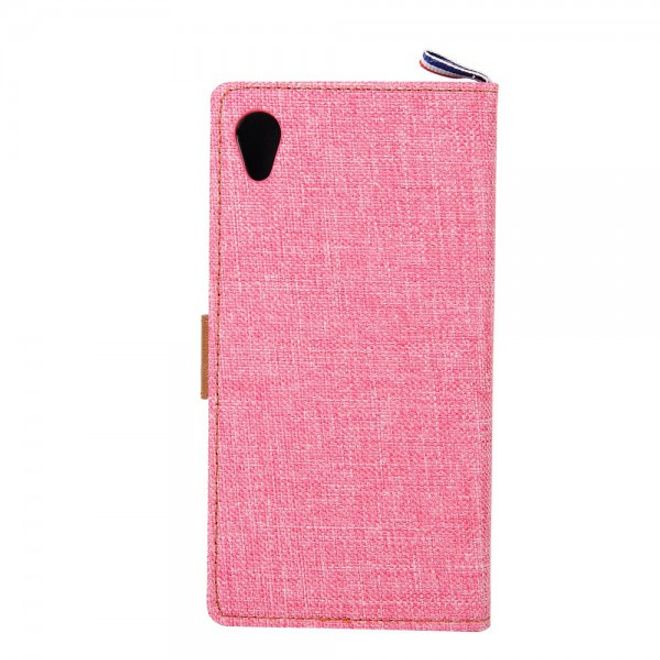 Sony Xperia M4 Aqua Leder Case im Jeans Look mit Kreditkartenslots - pink