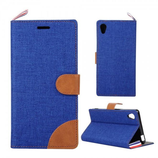 Sony Xperia M4 Aqua Leder Case im Jeans Look mit Kreditkartenslots - dunkelblau