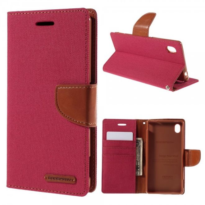Goospery - Sony Xperia M4 Aqua Hülle - Handy Bookcover - Canvas Diary Series - rot/camel