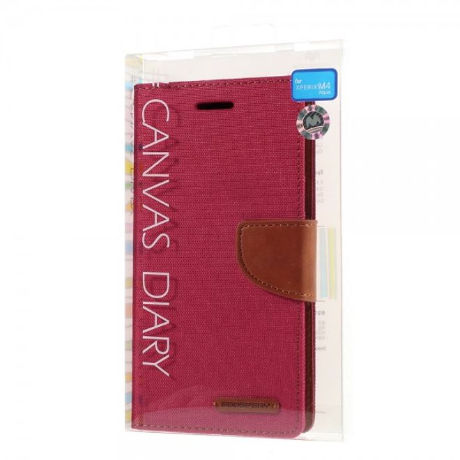 Goospery - Sony Xperia M4 Aqua Hülle - Handy Bookcover - Canvas Diary Series - rot/camel