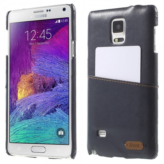 Samsung Galaxy Note 4 Roar Korea Hart Plastik Case mit Lederüberzug und Kreditkartenslot - schwarz