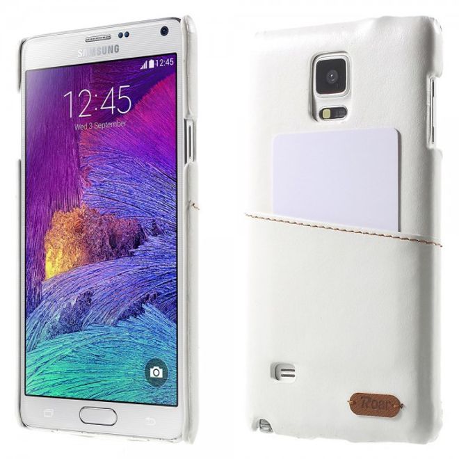 Samsung Galaxy Note 4 Roar Korea Hart Plastik Case mit Lederüberzug und Kreditkartenslot - weiss