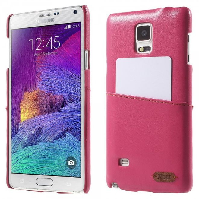 Samsung Galaxy Note 4 Roar Korea Hart Plastik Case mit Lederüberzug und Kreditkartenslot - rosa