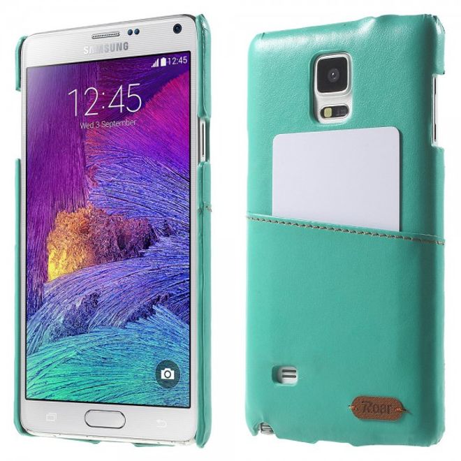Samsung Galaxy Note 4 Roar Korea Hart Plastik Case mit Lederüberzug und Kreditkartenslot - cyan