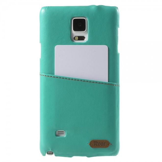 Samsung Galaxy Note 4 Roar Korea Hart Plastik Case mit Lederüberzug und Kreditkartenslot - cyan
