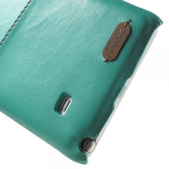 Samsung Galaxy Note 4 Roar Korea Hart Plastik Case mit Lederüberzug und Kreditkartenslot - cyan