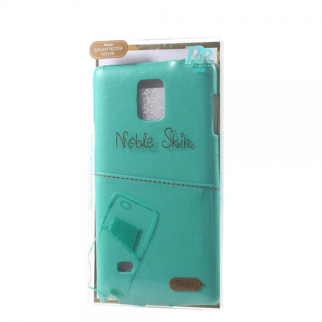 Samsung Galaxy Note 4 Roar Korea Hart Plastik Case mit Lederüberzug und Kreditkartenslot - cyan