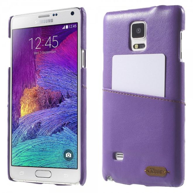 Samsung Galaxy Note 4 Roar Korea Hart Plastik Case mit Lederüberzug und Kreditkartenslot - purpur