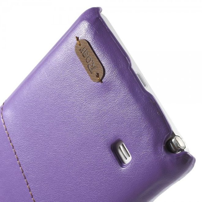 Samsung Galaxy Note 4 Roar Korea Hart Plastik Case mit Lederüberzug und Kreditkartenslot - purpur