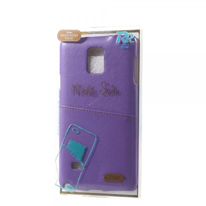 Samsung Galaxy Note 4 Roar Korea Hart Plastik Case mit Lederüberzug und Kreditkartenslot - purpur