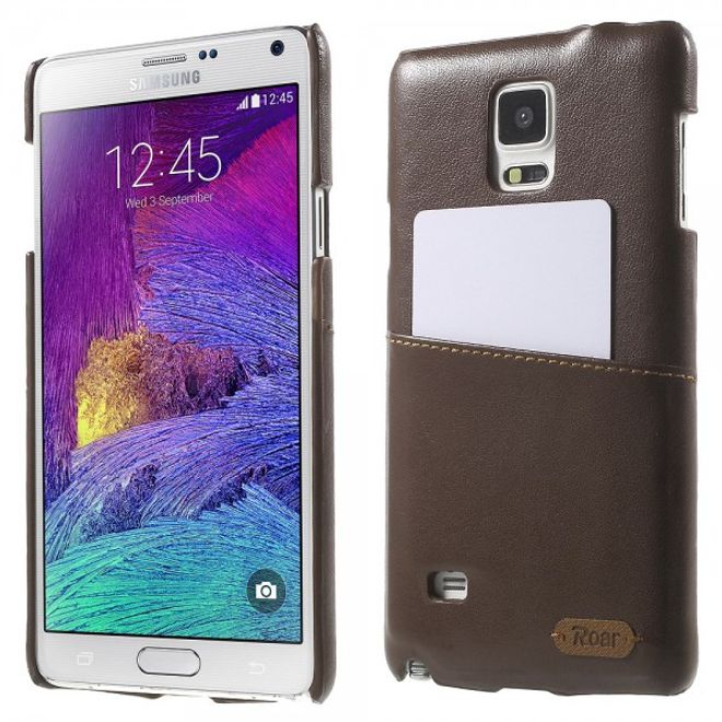 Samsung Galaxy Note 4 Roar Korea Hart Plastik Case mit Lederüberzug und Kreditkartenslot - kaffeefarben
