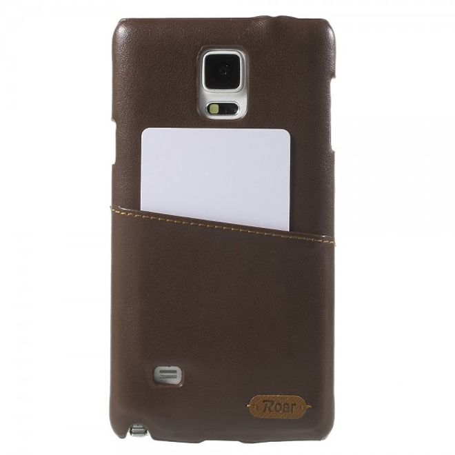 Samsung Galaxy Note 4 Roar Korea Hart Plastik Case mit Lederüberzug und Kreditkartenslot - kaffeefarben